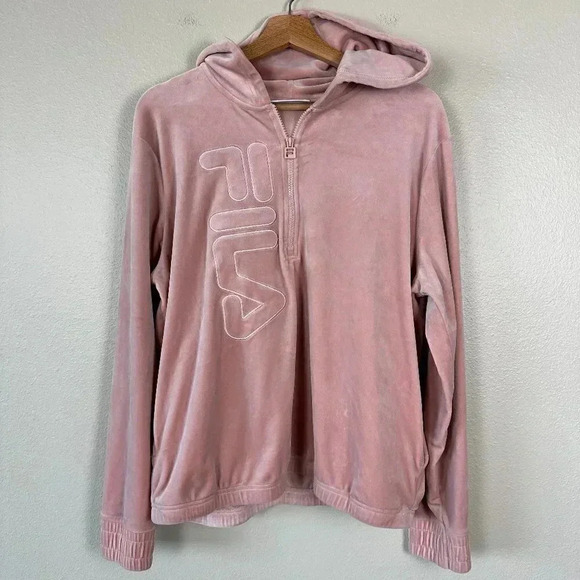 Fila Velour Quarter Zip Pullover Cropped Hoodie Pink XL - Picture 3 of 7